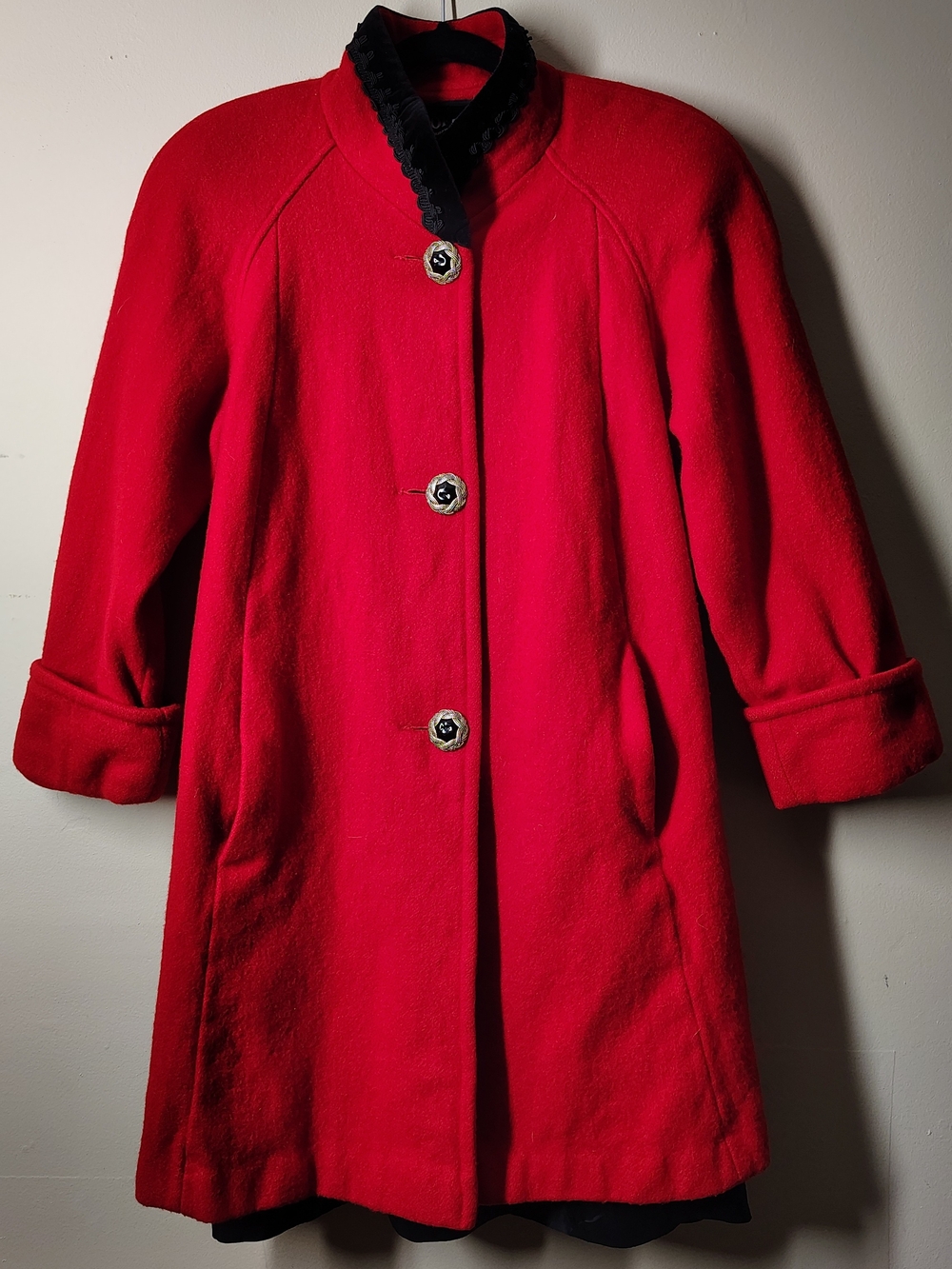 Women's Red Pea Coat with Contrast Trim